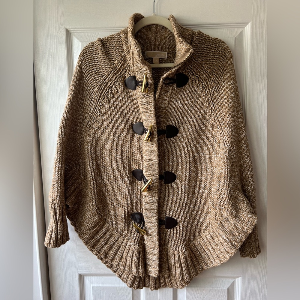 Michael Kors Crochet Poncho Sweater Toggle and Zipper in Brown Tan, Size small